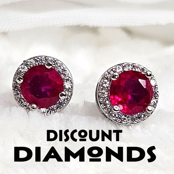 Dainty Round Ruby with Clear White Baguette Diamond Earrings on 925 Silver - Picture 1 of 11